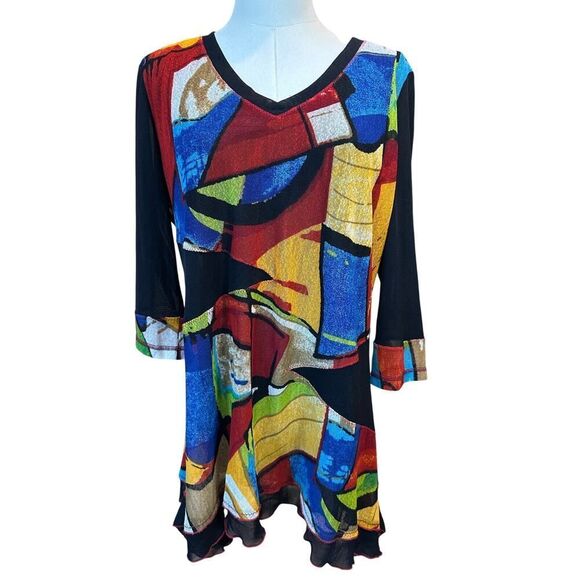 Lior Paris Size Large Tunic 3/4 Mesh Sleeve Asymmetric Patchwork Artsy Top - Picture 1 of 16